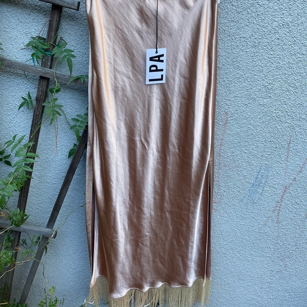 LPA Fringe Skirt Cream Satin Fringe Party Revolve S NWT - Picture 4 of 8